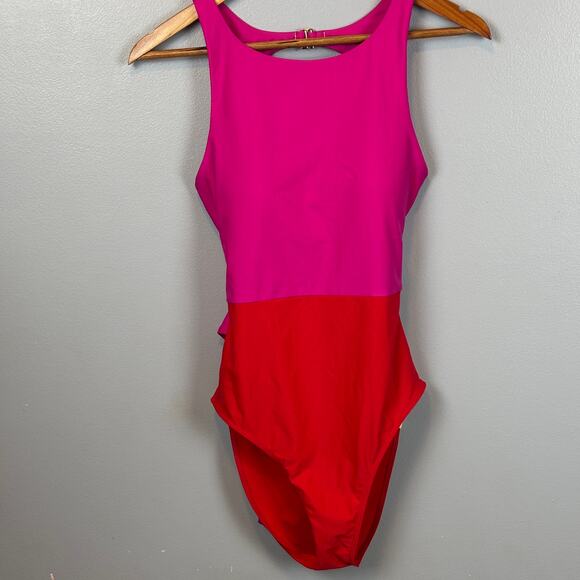 SummerSalt Color Block Lava Hibiscus Swimsuit Barbie High Neck Tie Pink Red 6 - Picture 2 of 8